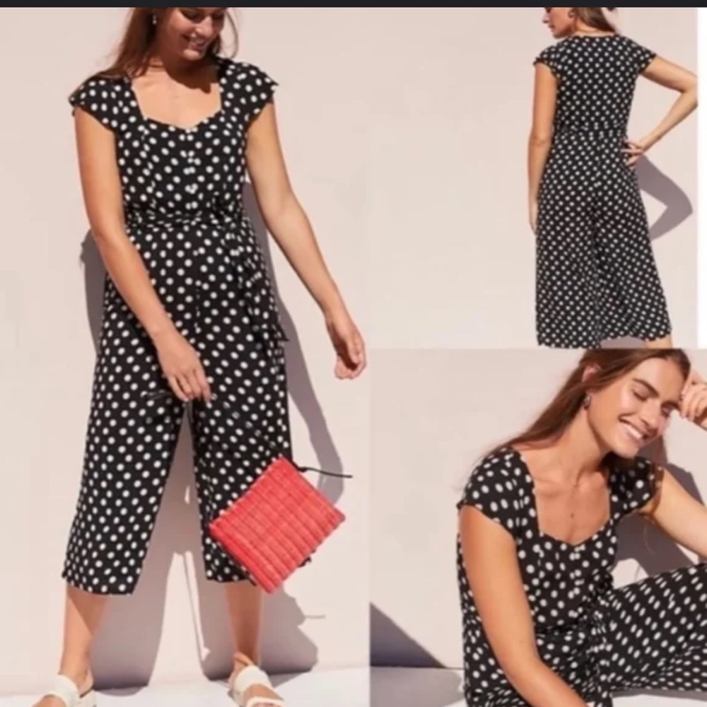 Anthropologie Maeve Black White Polka Dot Ruffled Jumpsuit